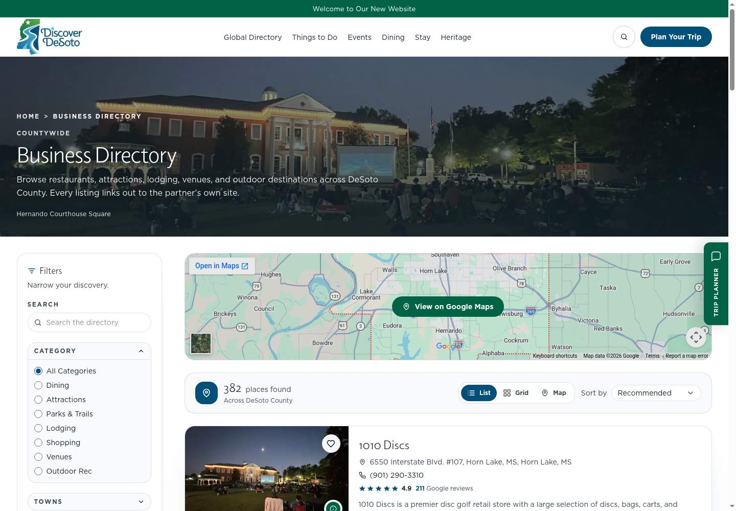 Actual Discover DeSoto directory with search, filters, view controls, and destination listings