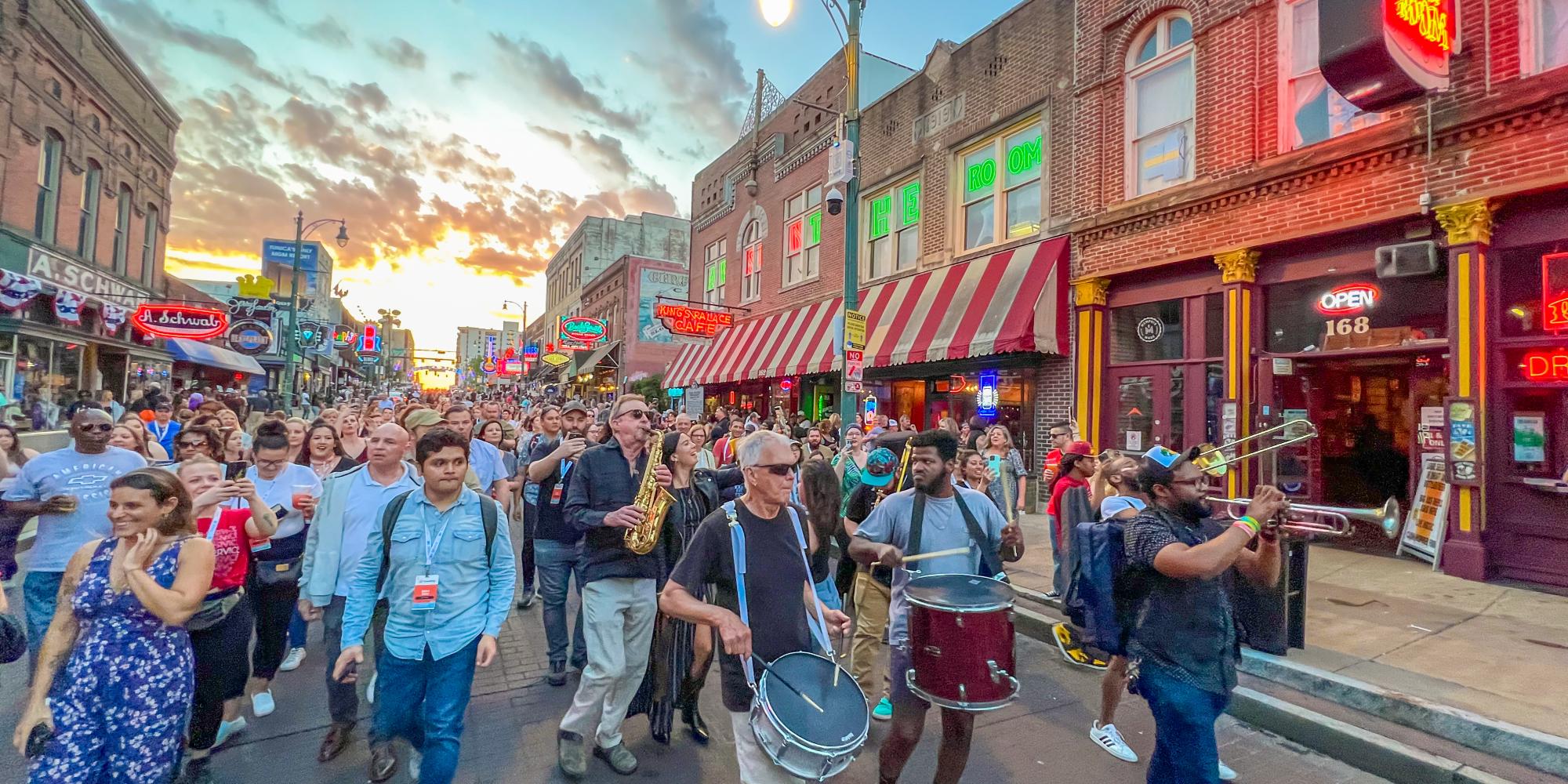 People and live music together on Beale Street