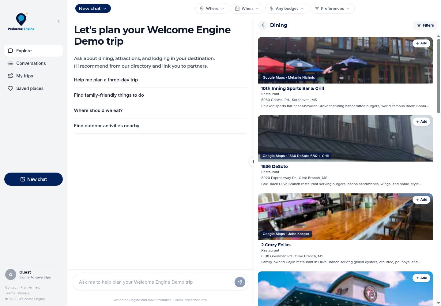 Current Welcome Engine planner dining browse and Add controls